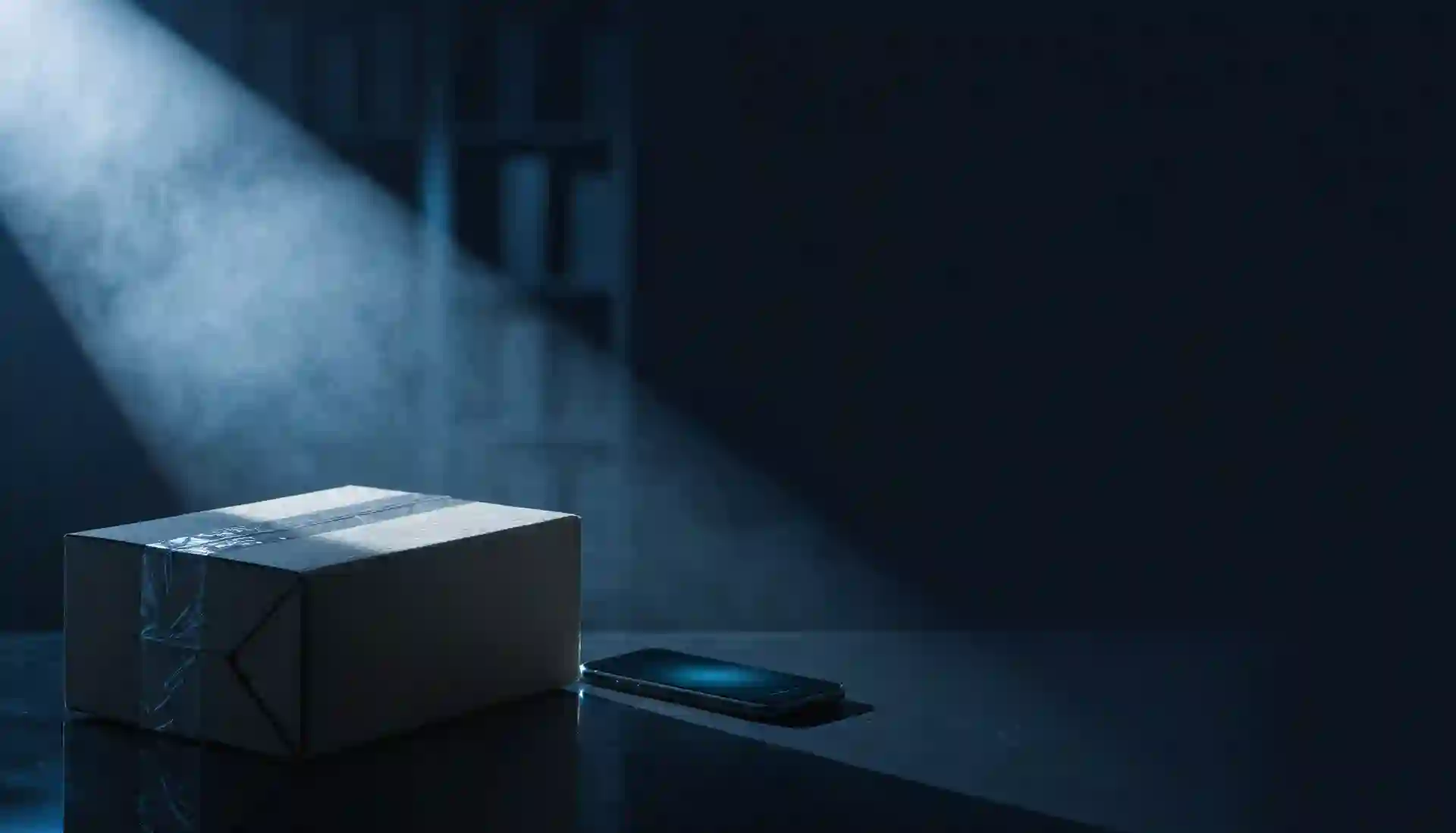 Caixa de encomenda e celular com a tela iluminada sobre uma mesa escura, representando o estoque e a entrega cuidados pela MicroTi